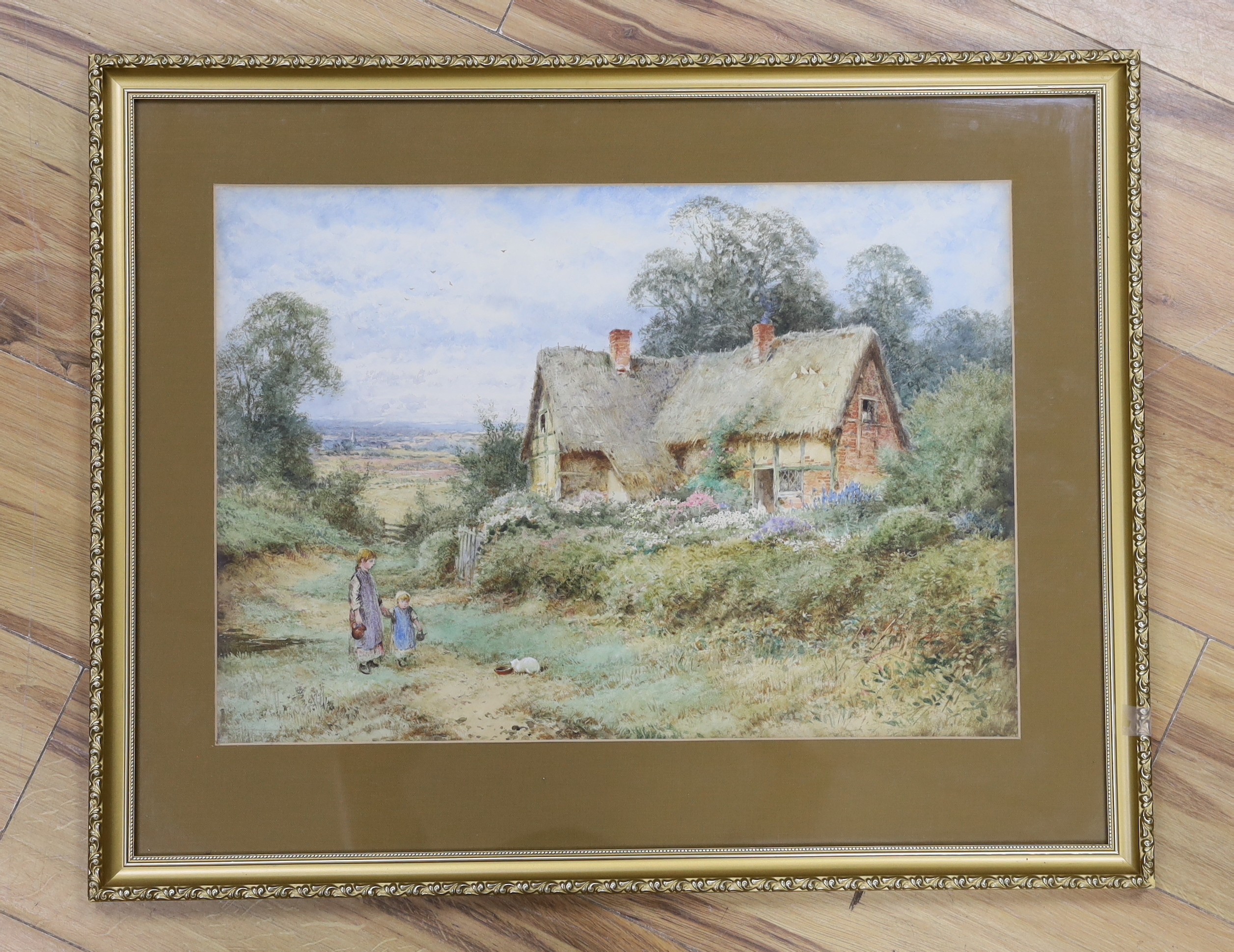 Circle of Henry John Sylvester Stannard, watercolour, Children and white cat beside a thatched cottage, 35 x 50cm